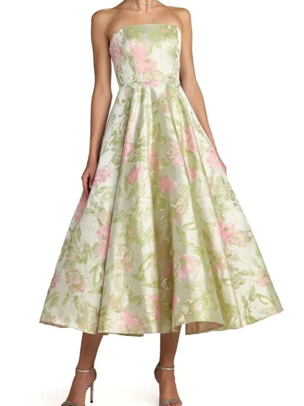 Mac Duggal Sage Green Pink Floral Strapless Brocade Midi Dress
